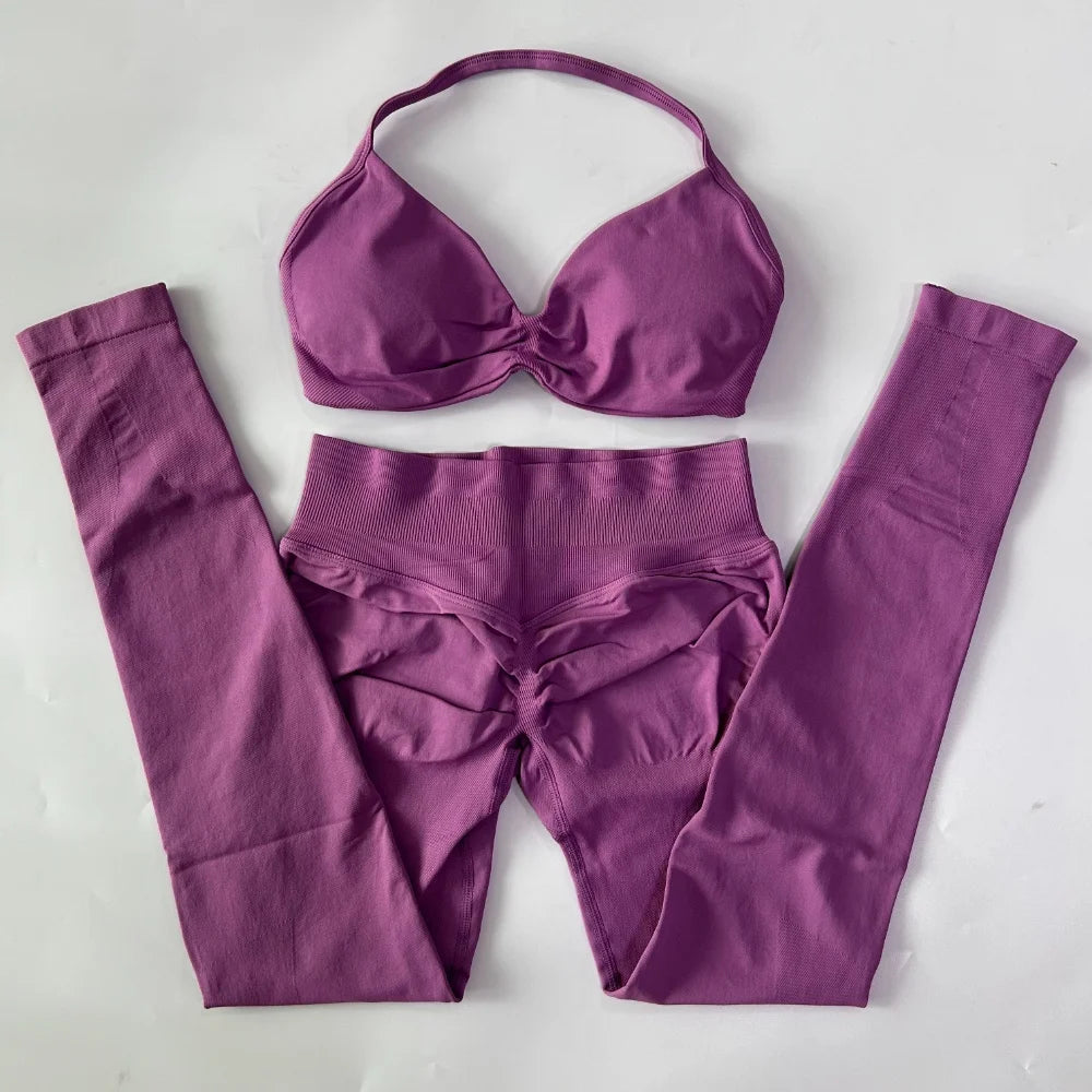 Women's 2 Piece Yoga Set High Quality Seamless Leggings And Strappy Bra Workout Gym Fitness Sportswear Resistance Training