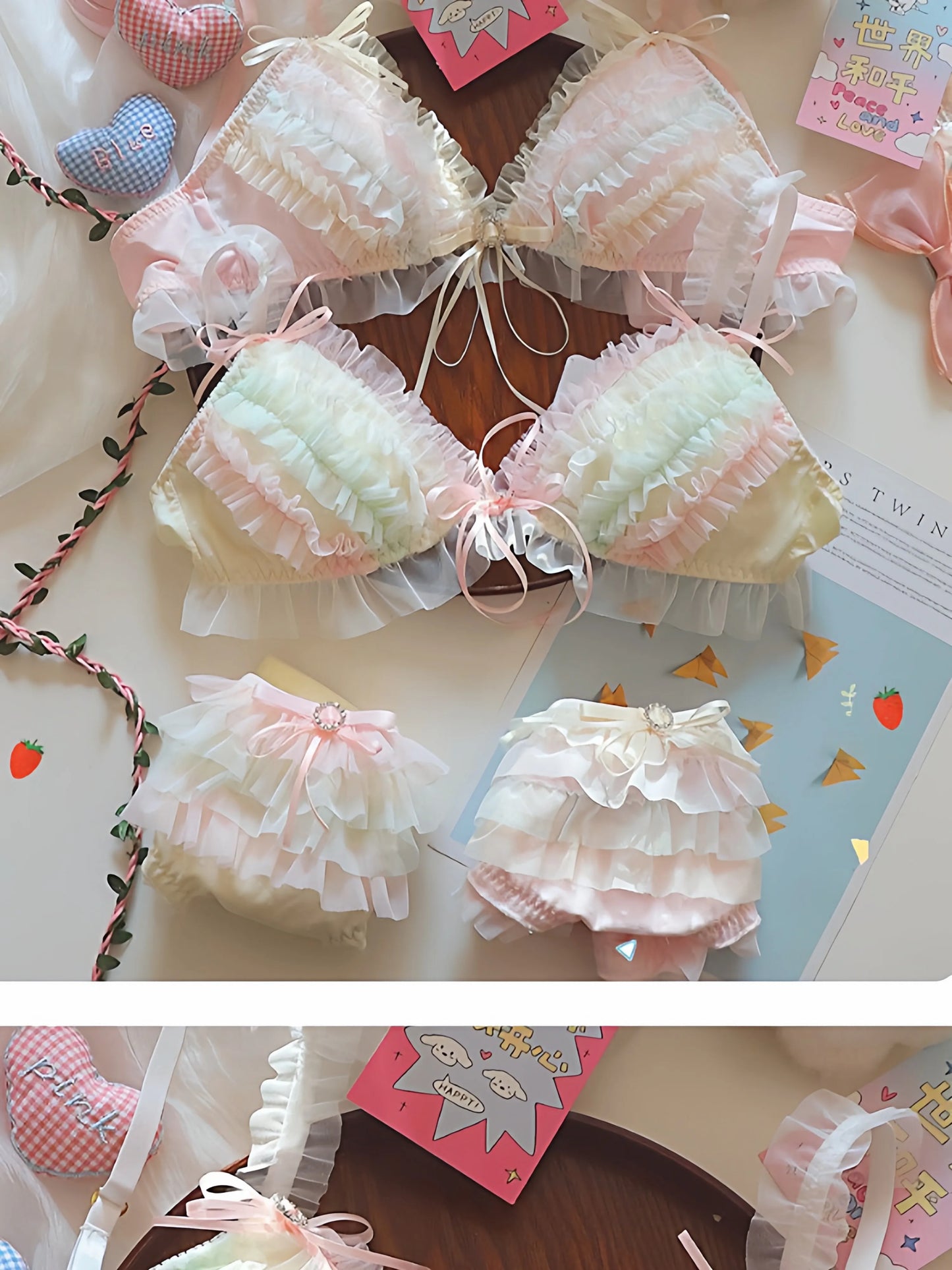 Japan Style Cream Ice Cream Bra Set Wireless Lace Trim Sweet Teen Girl Heart Cake Layer Soft Sexy Daily Lingerie Hot New Trend