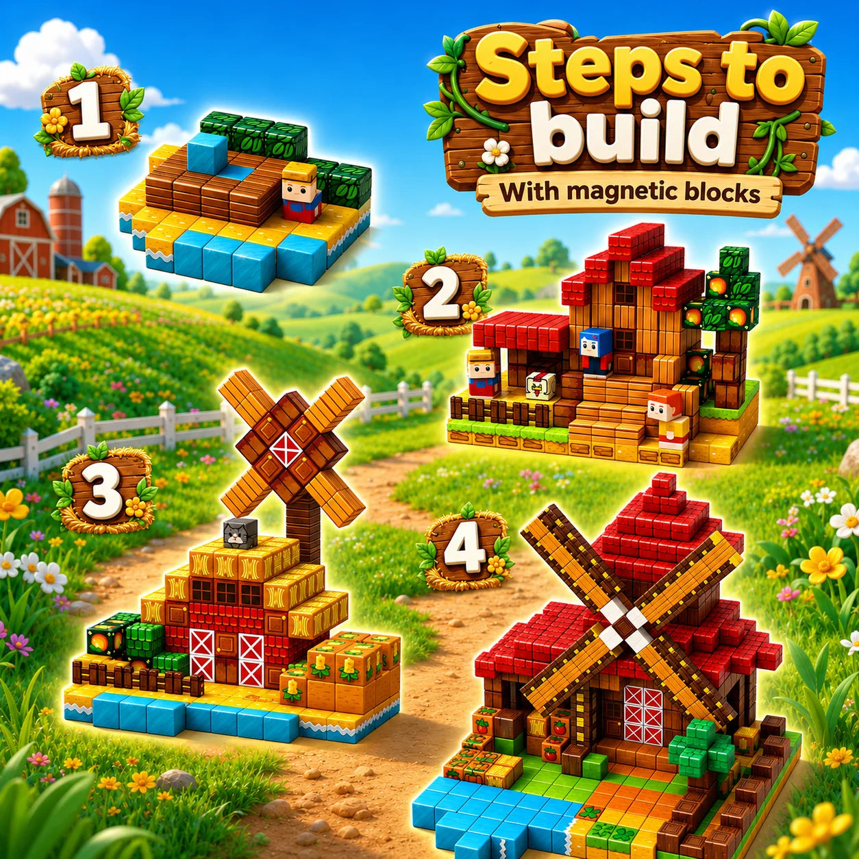 Magnetic Building Blocks Magnet World Magnetic Farm Style Tin Box Construction Brick Cube STEM Boy Girl Children Toy Set Gift