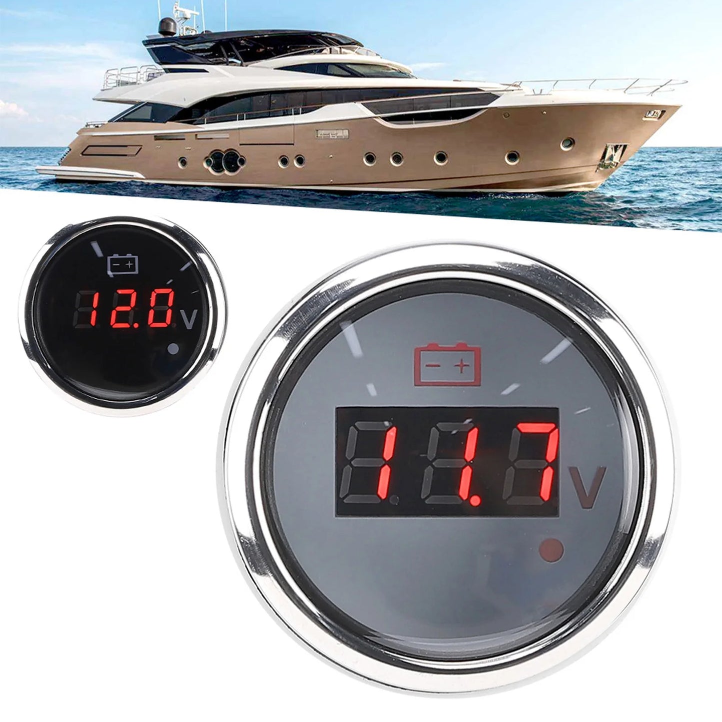2in Battery Voltage Gauge LED Digital Display IP67 Waterproof Smart Alarm  for Boat Auto Voltage Gauge LED Voltmeter