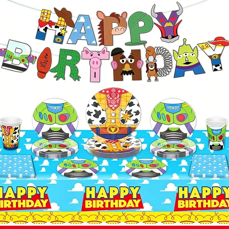 Toy Stories Theme Birthday Party DIY Decoration Toy Inspire Backdrop Hot Anime Cartoon Paper Plate Cup Birthday Party Supplies