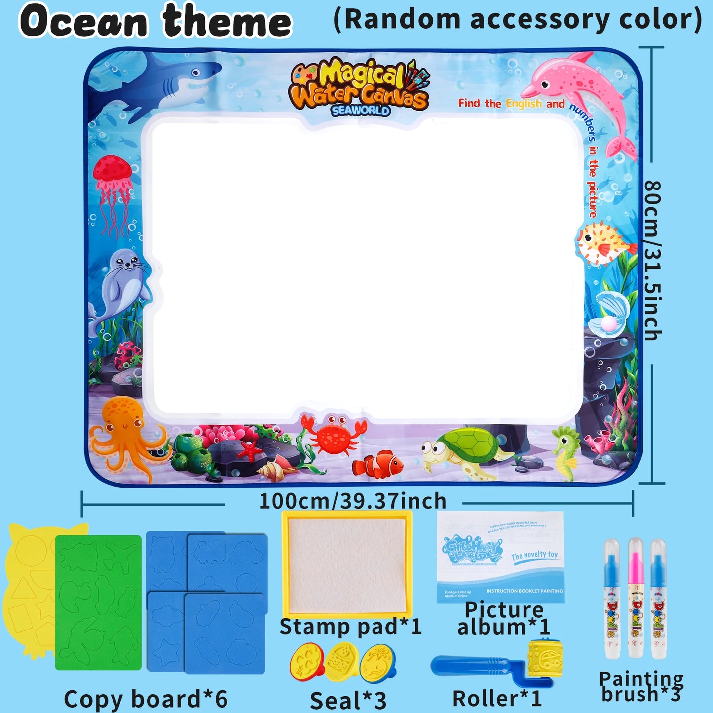 MQUDUO Kids Water Doodle Mat with Magic Pens, Reusable Mess Free Drawing Pad for Alphabet Learning Art Play
