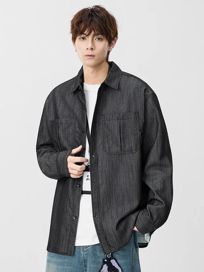 Men's Denim Shirts with 2 Chest Pockets Korean Fashion Long Sleeve Casual Shirt Workwear Retro Tops