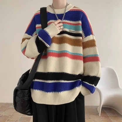 Men's autumn and winter knitted sweater jacket new style for teenagers, couple's sweater for boys, lazy and loose striped