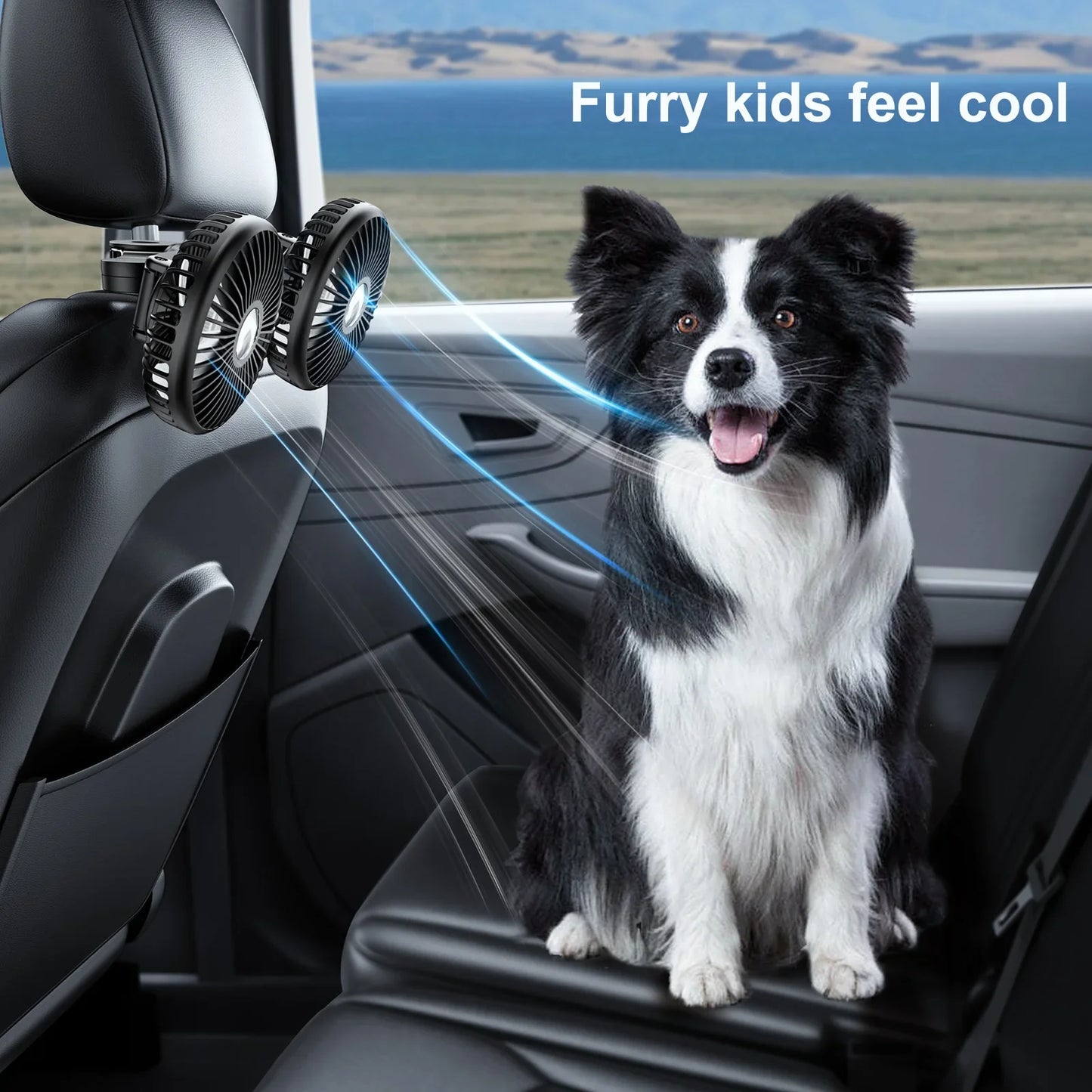 Hipacool Extension Arm Dual-Head Fan for Car Headrest 360° Rotation Air Cooling Fan Angle Adjustable 3-Speed Wind Brushless Fan
