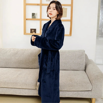 Couple Flannel Robe Winter Thick Warm Bathrobe Long Fleece Sleepwear Loungewear for Men and Women