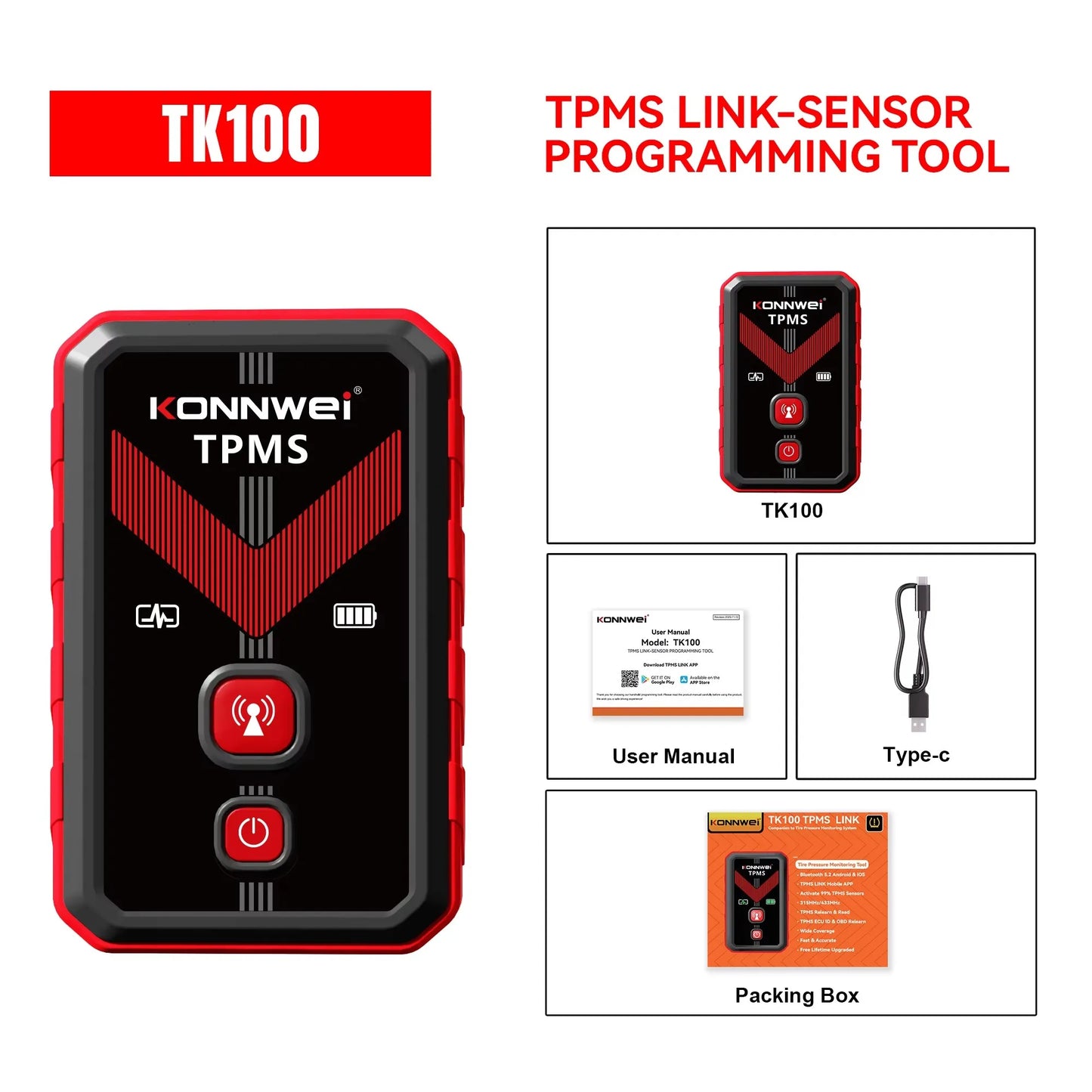 2026 KONNWEI TK100 TPMS Car Tire Pressure Diagnostic Tool Relearn Program 2PCS 315/433Mhz Sensor For ios Android TPMS Programing