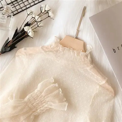 Women's Lace Base Shirt Long Sleeve High Collar Mesh Top 2023 Autumn Fashion Transparent Thin Film Inner Wear Versatile Slim Fit