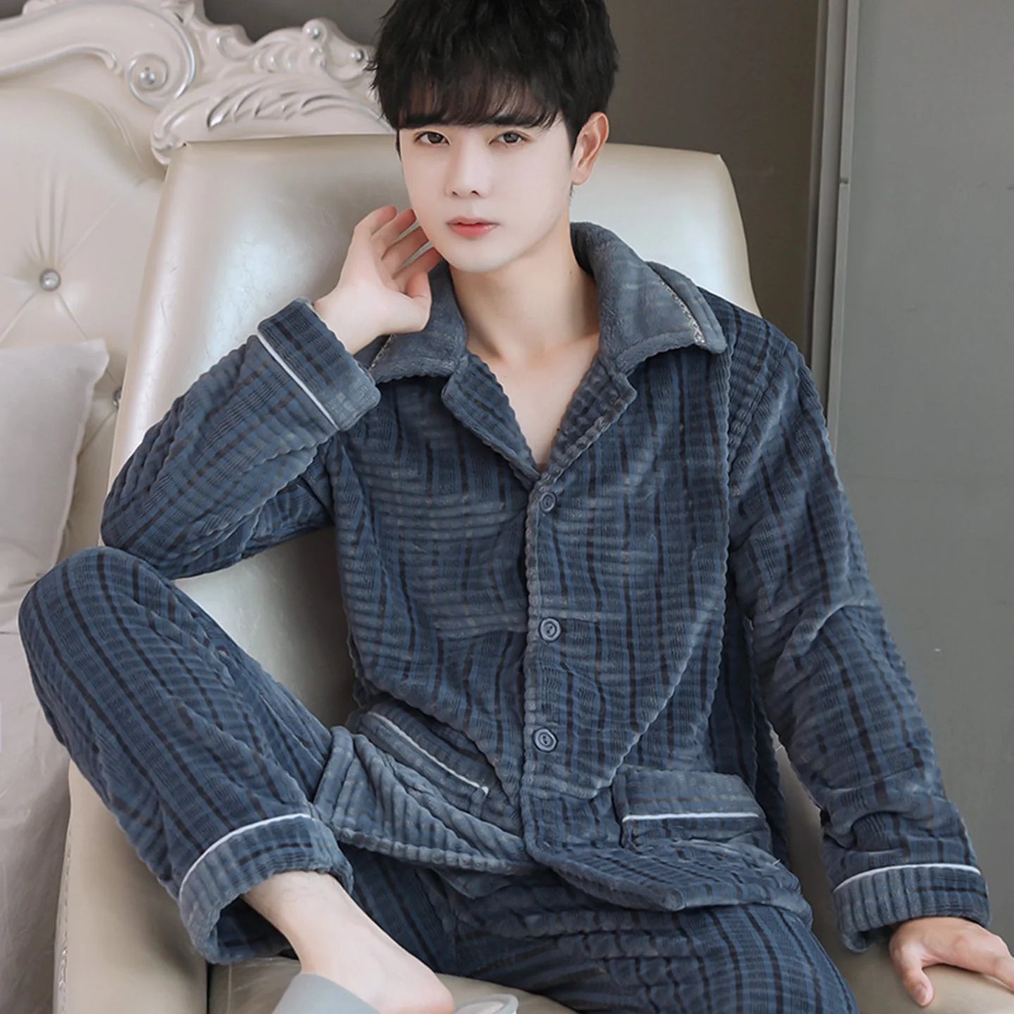 Men's Thickened Flannel Pajamas Coral Fleece Home Clothes Cardigan Set Long Sleeve Long Pants Soft Warm Winter Autumn Sleepwear
