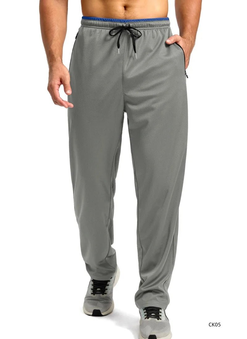 Men High Elastic Breathable Ice Cool Sports Long Pants Outdoor Quick Dry Straight Trousers Drawstring Waist Zipper Pocket Design