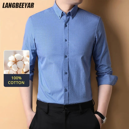 Top Grade 100% Cotton Anti-wrinkle New Fashion Breathable Checkered 2025 Men Shirt Brand Plaid Slim Fit Long Sleeve Casual Tops