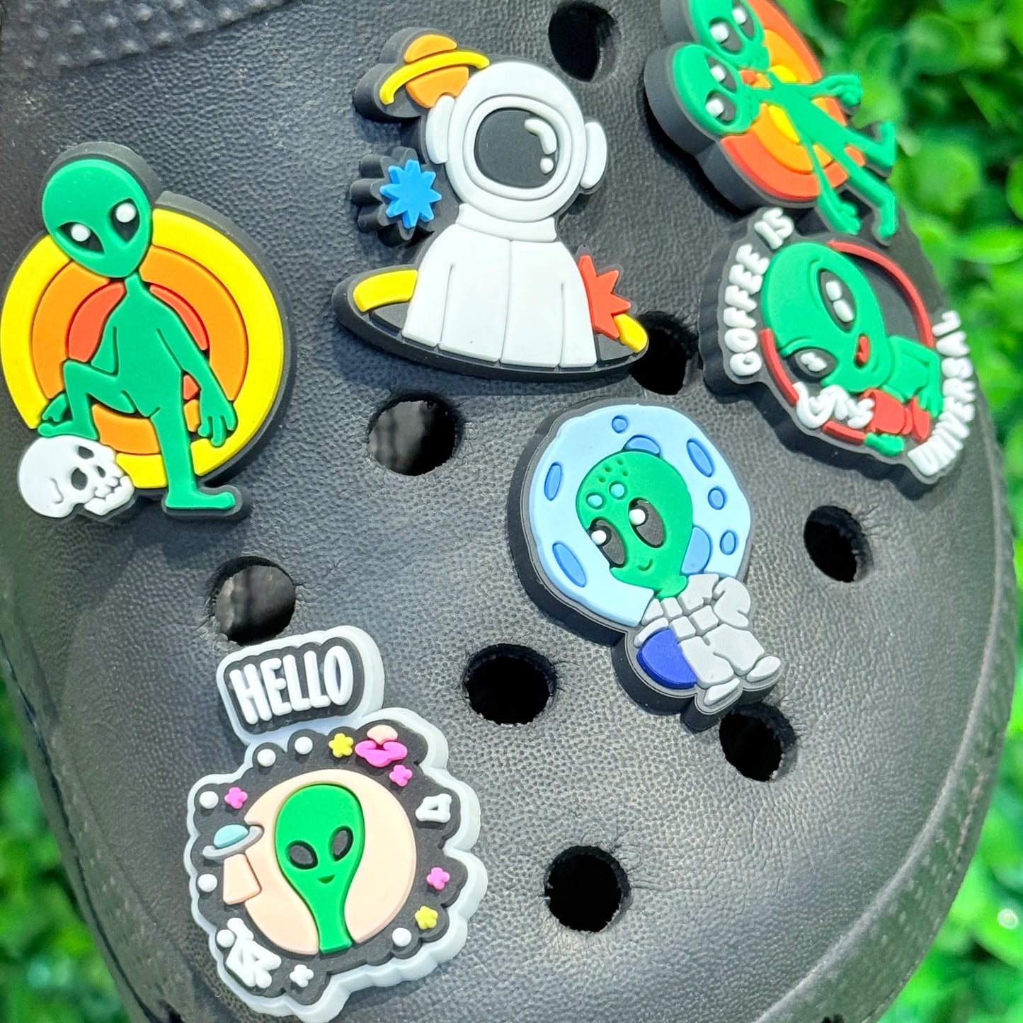 20-100pcs Alien Universe Astronaut Shoe Buckle Accessories PVC DIY Sandal Shoes Charms Clogs Pins Decor Kids Man Party Gift