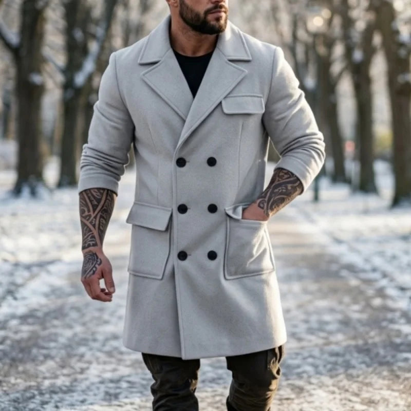 New Men's Wool Blend Trench Coat Warm & Windproof | Double-Breasted Design Mid-Length Streetwear Jacket for Casual  Outdoor Wear
