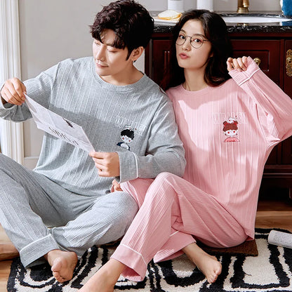 2023 New Cartoon Cute Pajamas Set for Couples Cotton Long Sleeves Sleep Top & Long Pant Spring Nightwear for Men and Women Pjs