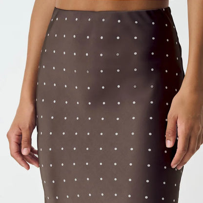Two Piece Skirt Set Printed Polka Dot Satin Skirt Set Women's Long Sleeved Lace Up Shirt+high WAIST Midi Skirt Set