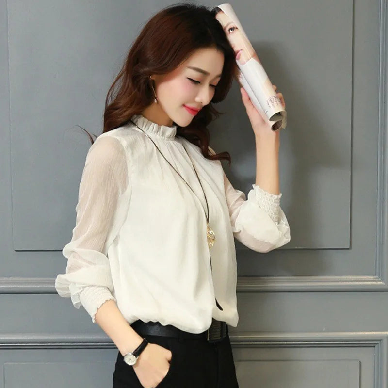 Spring Summer New Style Sexy Large Size Fashionable Mesh Chiffon Top with Lace Trim Stand Collar Base Shirt Women's Top
