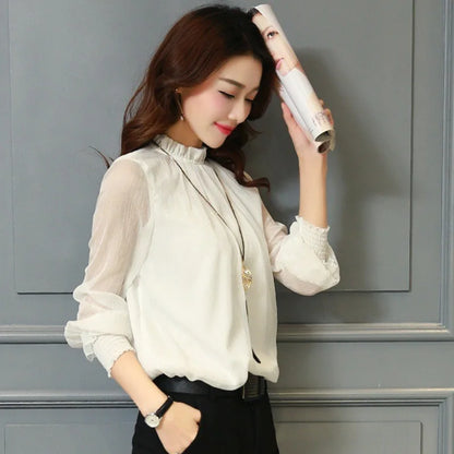 Spring Summer New Style Sexy Large Size Fashionable Mesh Chiffon Top with Lace Trim Stand Collar Base Shirt Women's Top