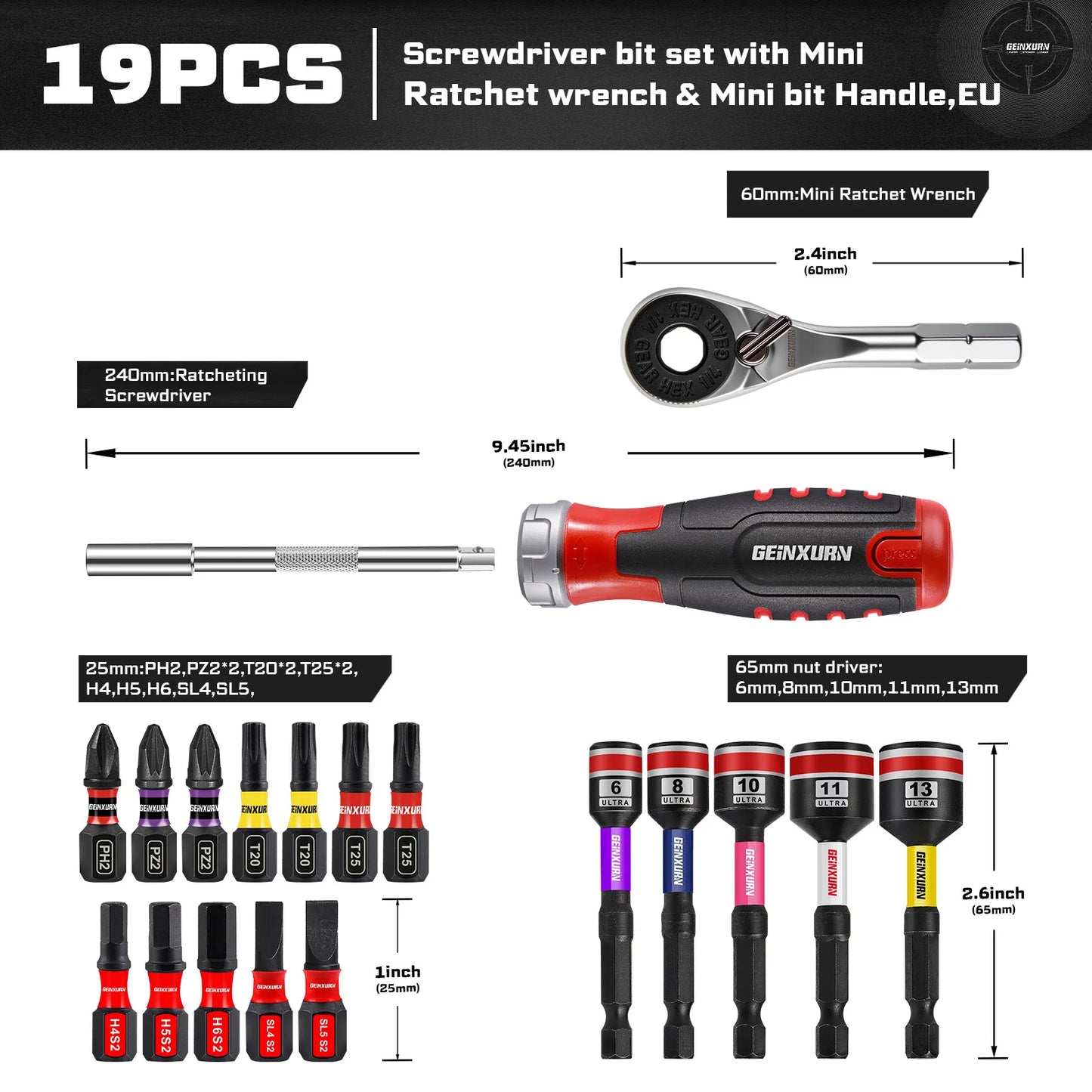 Geinxurn 19 PCS Ratcheting Screwdriver Set, Mini Rachet wrench,Rachet bit Handle and Nut Driver with Impact S2 Screwdriver Bits