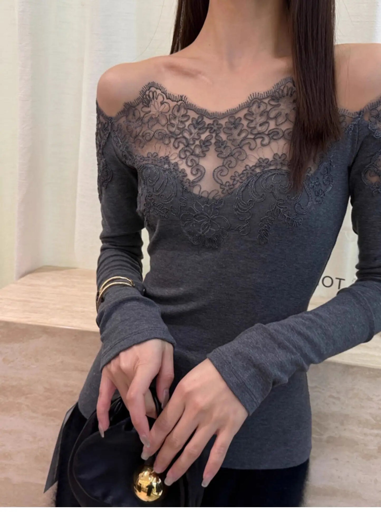 French Style Lace Trim Shoulder Bridesmaid Long Sleeve Slim Fit Base Shirt Women's Autumn Winter Fashionable Shoulder Bared Top