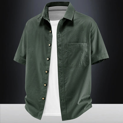 2026New Short-sleeved Shirt Men's Summer Casual Pure Cotton Washed Large Size Top Loose Solid Color Tooling Shirt Men's Clothing