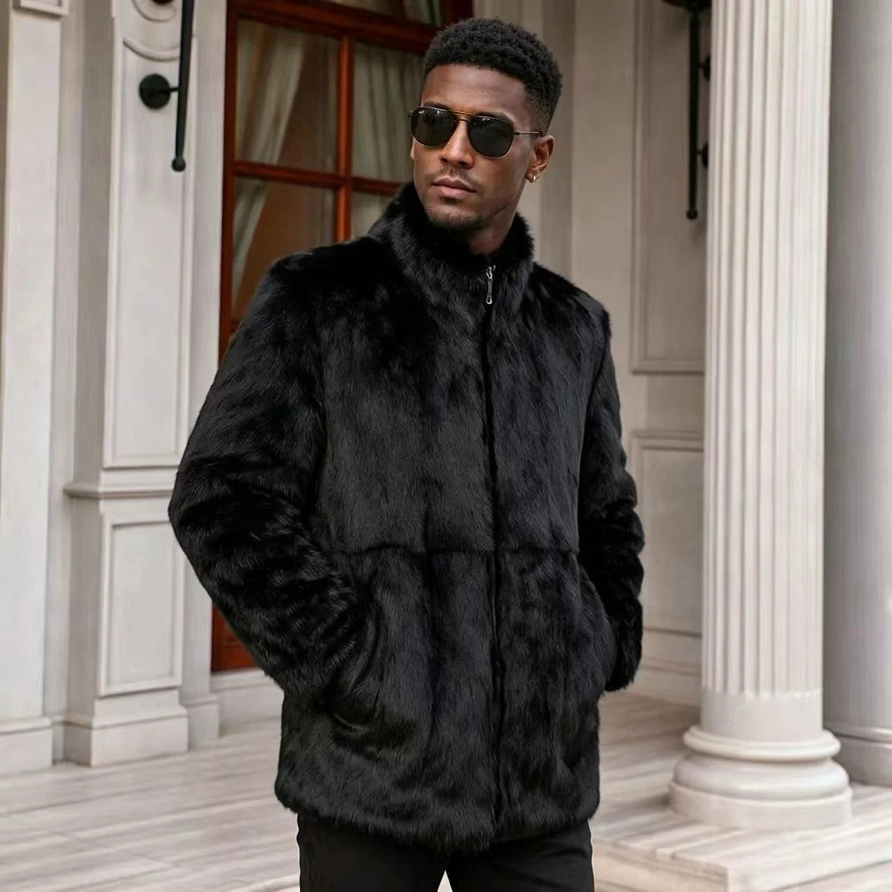 Men Genuine Real Rabbit Fur Coat Stand Collar Zipper Fluffy Thick Warm Luxury Black Winter Fur Outerwear