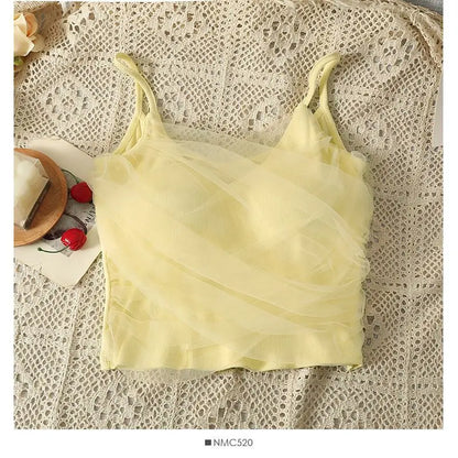Sexy Mesh Splice Crop Top Backless Design Pure Color Strap Vest for Women Trendy Slimming Short Style Summer Fashion
