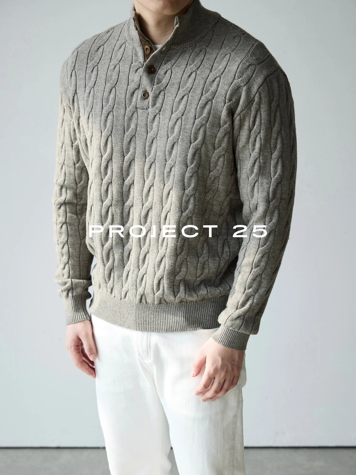 PROJECT 25 Men's American Heritage 4-Button Stand Collar Cable Knit Sweater – Premium Wool Business Casual Pullover