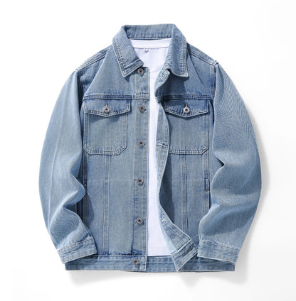 Vintage Dark Blue Denim Jacket for Men Casual Workwear Jean Coat with Button Closure Chest Pockets Everyday Streetwear Outer