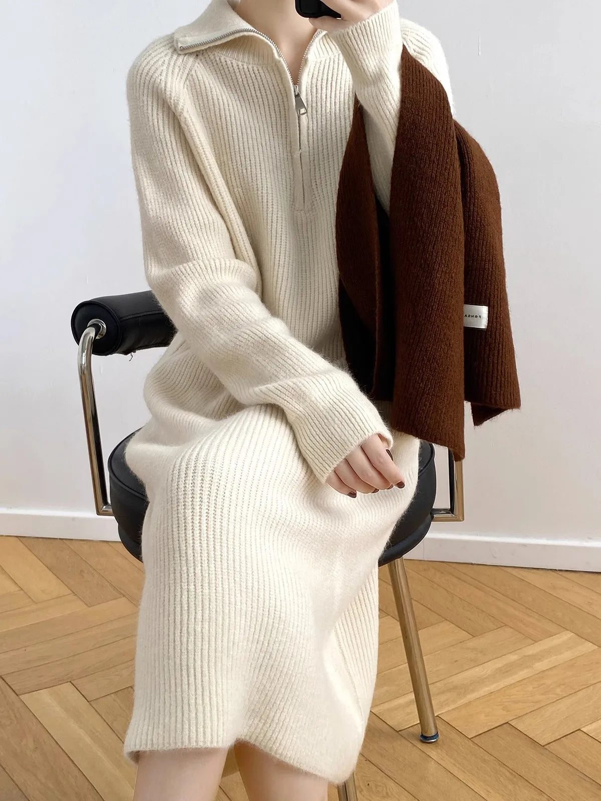 Thickened Long Sleeve Knitted Dress Zipper Collar Women's Autumn Winter Retro Long High Collar Sweater Dress Straight Tube Ba...