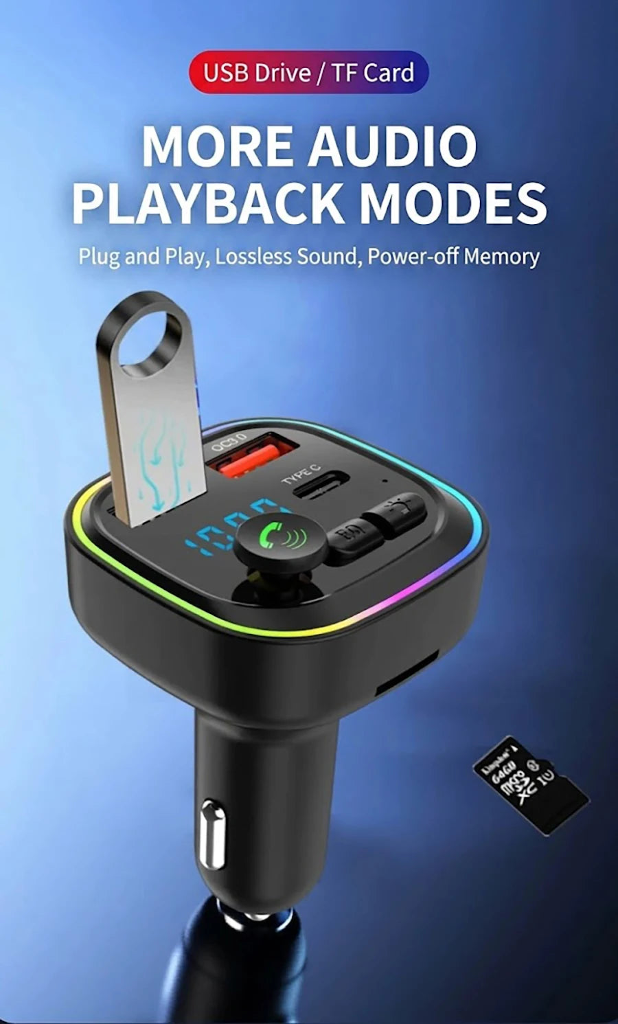 Car Bluetooth FM Transmitter Audio Adapter With RGB Ring Light Dual USB QC3.0 And Type-C Fast Charger Hands-Free MP3 Player