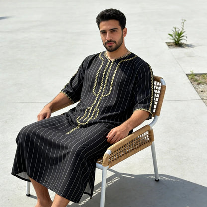 2026 Men's Summer Islamic Robe Moroccan Kaftan 3D Digital Print Muslim Thobe