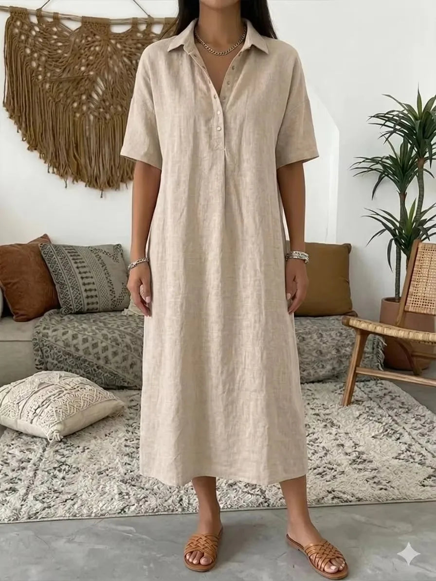 2026 Women's New Casual Straight-Cut Comfortable Polo-Neck Linen Short-Sleeve Dress