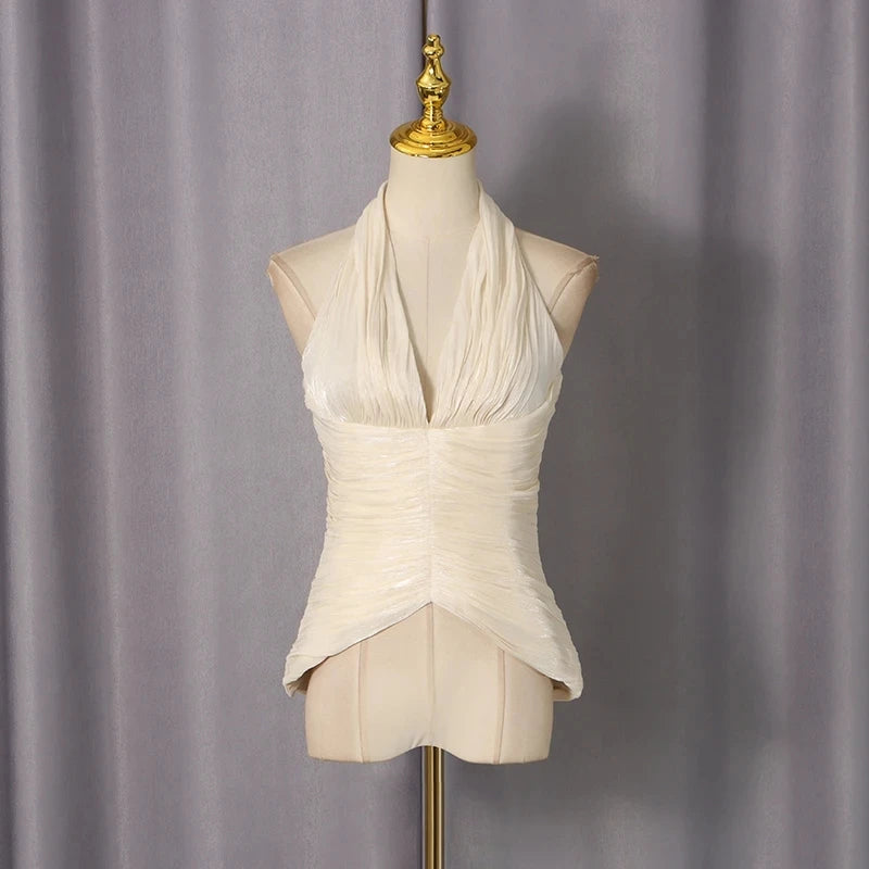 VGH High End Sexy Slimming Tank Top for Women Halter Deep Neck Sleeveless Spliced Folds Tunic Backless Chic Evening Vest Female