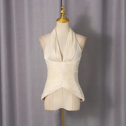 VGH High End Sexy Slimming Tank Top for Women Halter Deep Neck Sleeveless Spliced Folds Tunic Backless Chic Evening Vest Female