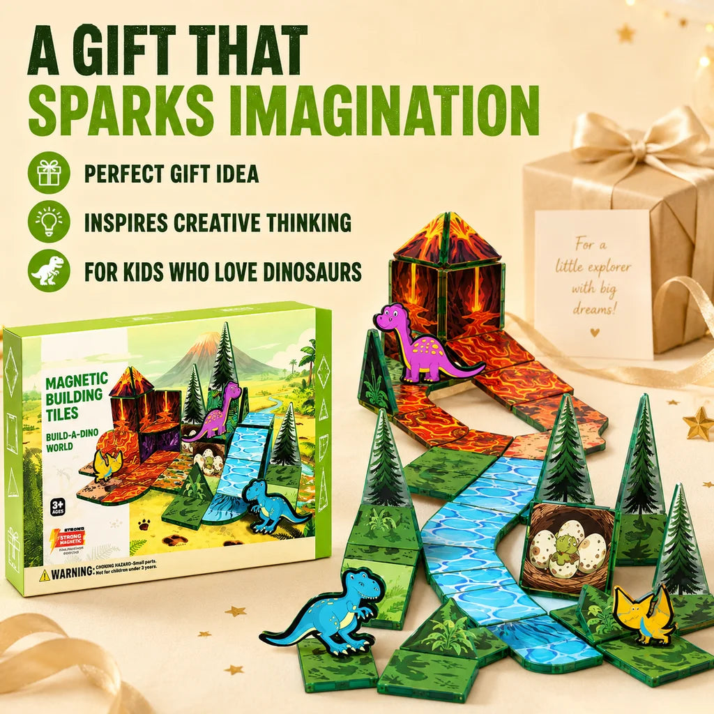 Dinosaur Magnetic Building Blocks, 44PCS, Creative 3D Tiles Set, STEM Educational Toys, Kids Birthday Gift.
