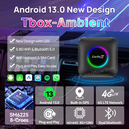 2026 CarlinKit CarPlay AI Box Android 13.0 QCM6225 8-Core Android Auto Wireless CarPlay Adapter 2.4+5GGPS 64G 128G FOTA Upgrade