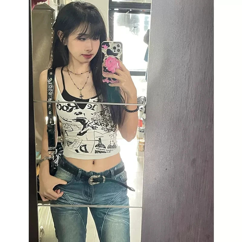 Sexy Y2K Spicy Girl  Strap Vest Women Summer American Short Print Sleeveless Top Inner Wear Commute Style Slim Fit