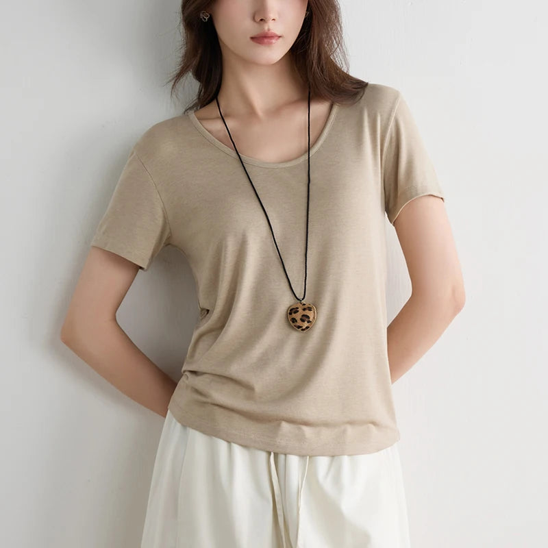 Women Lyocell T Shirt U Neck Short Sleeve Summer Slim Fit Basic Casual Top
