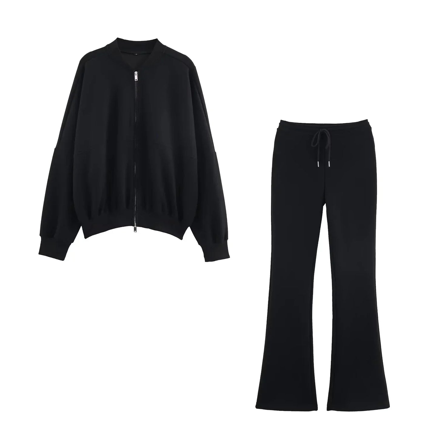 KONDALA Fall Women Elegant Pant Set Simple O-Neck Zipper Jacket, Slim Drawstring Flared Pants 2025 Spring Autumn Casual Lady Set