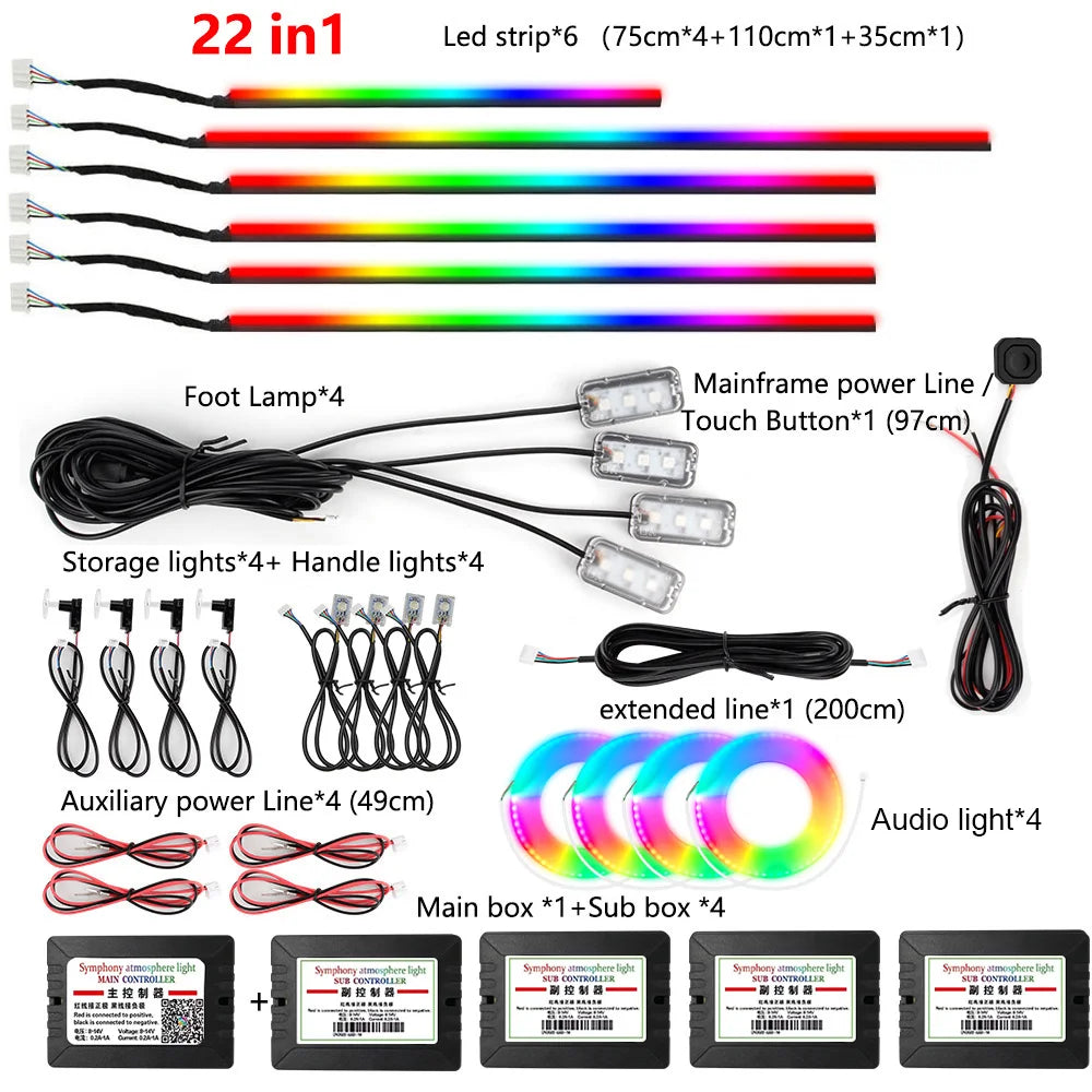 22in1 Symphony Car Ambient Light RGB 213 Color Universal Car Accessories Interior LED Lights Strip Acrylic Backlight Guide Light