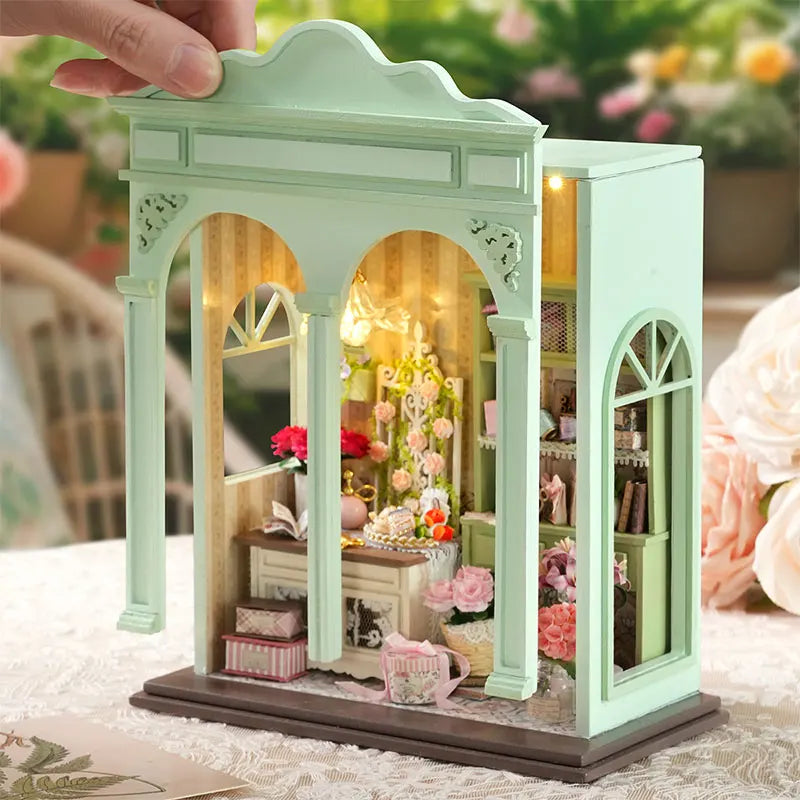 DIY Miniature Dollhouse Kit with LED Light Handmade Wooden Flower Shop Book Nook Creative 3D Puzzle Model Building Set for Gifts
