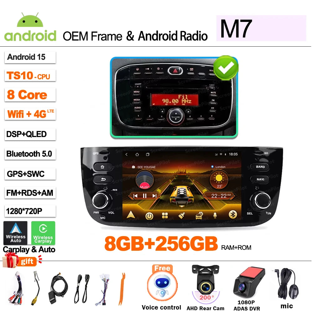 Car Android 16 For Fiat Linea Punto evo 2012-2015 Radio Video Player GPS Multimedia Navigation Screen Stereo Carplay Audio DSP