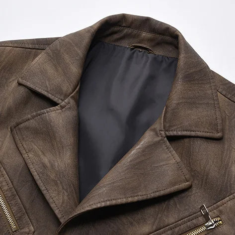 Man Leather Coat Autumn Winter American Retro Turn Down Collar Male Outerwear Mid Length Single-breasted  Long Sleeve Men Jacket