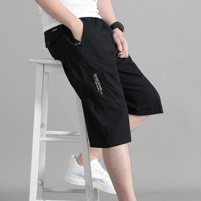 Summer Zipper Pocket Workwear Shorts Mens Knee Cargo Pants 2026 Cotton Shorts Men Climbing Jogger Elastic Waist Sports Work Wear