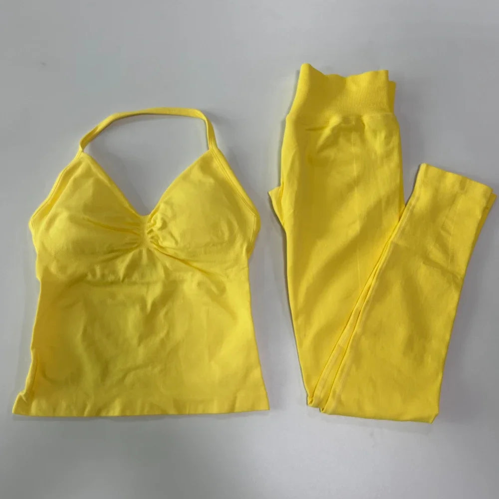 2 Pieces Sports Set Women Backless Tank Yoga Tops High Waist Scrunch Seamless Shorts Sport Gym Set Sportswear Workout Set