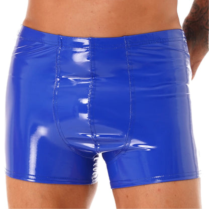Men Latex PVC Shiny Leather Solid Shorts Pole Dance Costume Bulge Pouch Boxer Briefs Underpants Underwear Short Pants Clubwear
