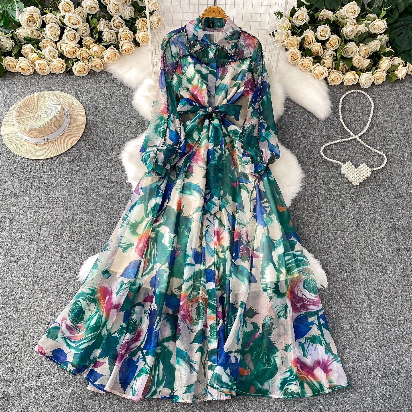 Gemstone Embedded Diamond Collar Dr Women's Autumn Slimming Beautiful Holiday Print Full Skirt Long Dr