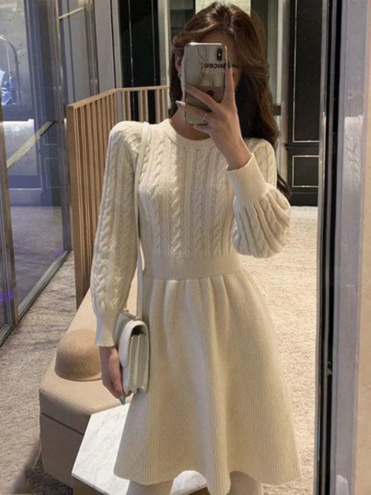 High Waist A-Line Knitted Dress Long Sleeve Base Layer Shirt Waist Cinched Black Dress Autumn Wear Korean Style Commute Dress