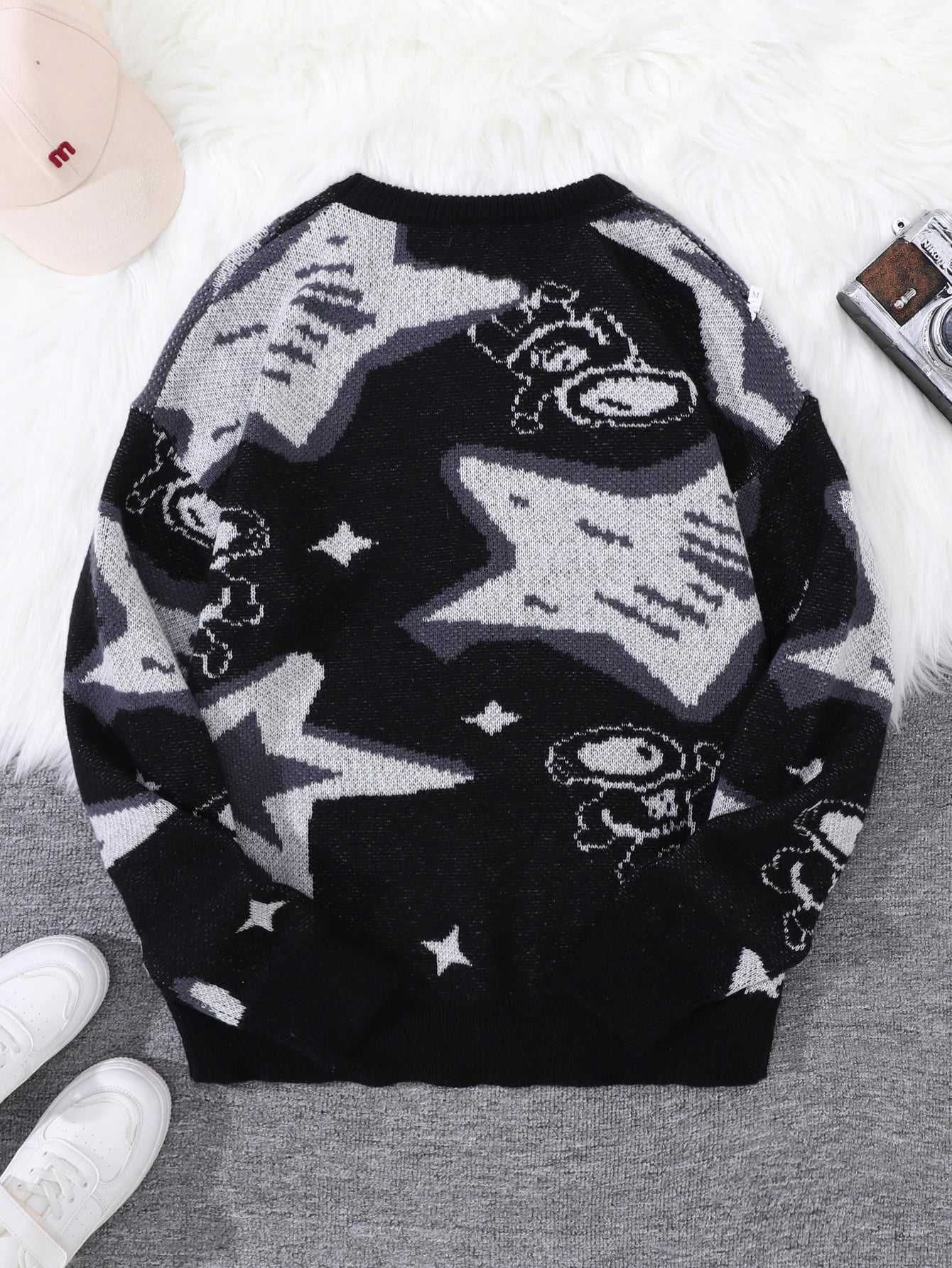New Trendy Spring and Autumn Astronaut Reaching for the Stars Jacquard Pattern Pullover Sweater, Casual Round-Neck Color-Block Knit Men's Pullover, Suitable for Everyday Wear, Unisex Top for Going Out, Regular Fit, Suitable f