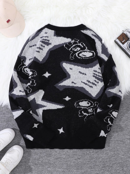 New Trendy Spring and Autumn Astronaut Reaching for the Stars Jacquard Pattern Pullover Sweater, Casual Round-Neck Color-Block Knit Men's Pullover, Suitable for Everyday Wear, Unisex Top for Going Out, Regular Fit, Suitable f